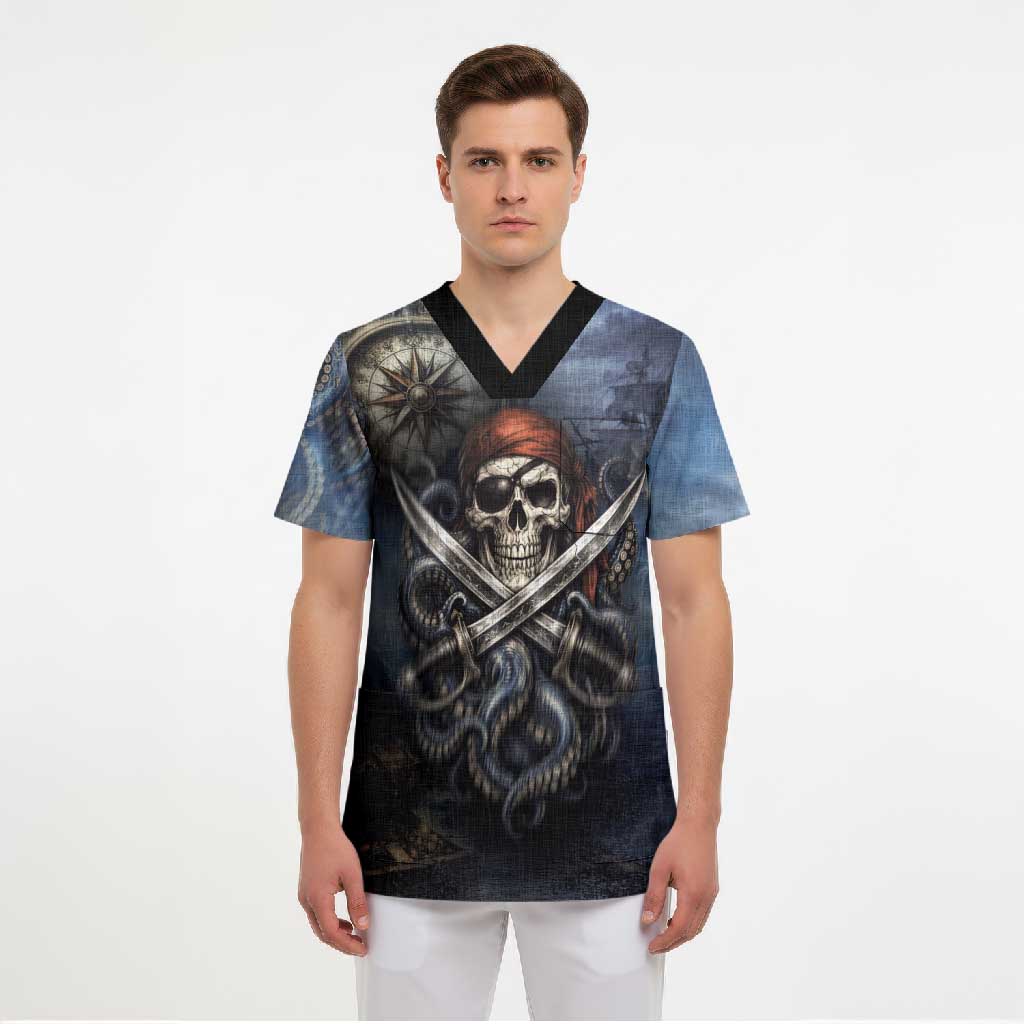 Pirates Skull Scrub Top Kraken Sea Monster Tentacles Deep Legend