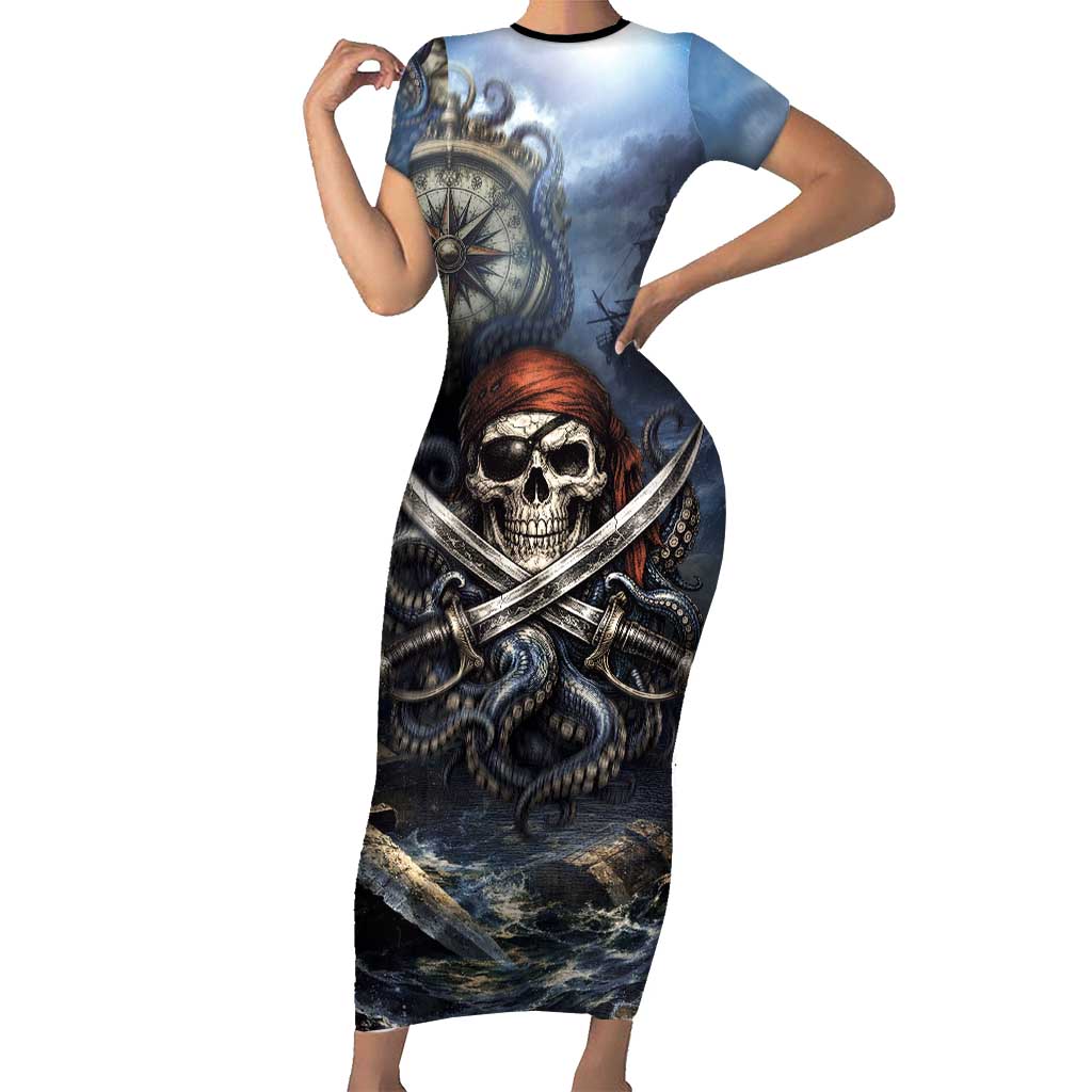 Pirates Skull Short Sleeve Bodycon Dress Kraken Sea Monster Tentacles Deep Legend