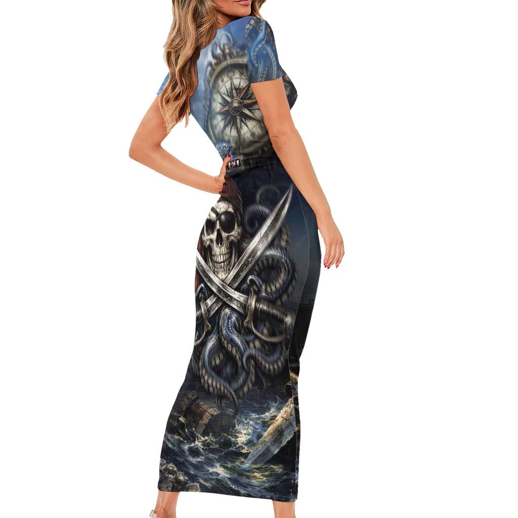 Pirates Skull Short Sleeve Bodycon Dress Kraken Sea Monster Tentacles Deep Legend