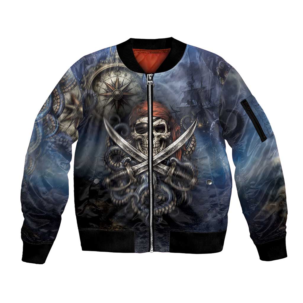 Pirates Skull Sleeve Zip Bomber Jacket Kraken Sea Monster Tentacles Deep Legend