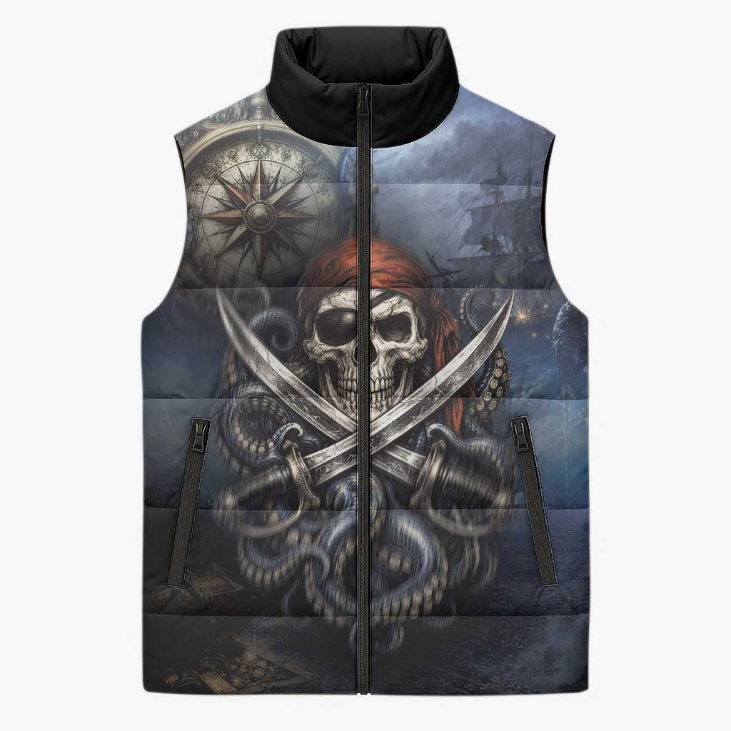 Pirates Skull Sleeveless Puffer Jacket Kraken Sea Monster Tentacles Deep Legend