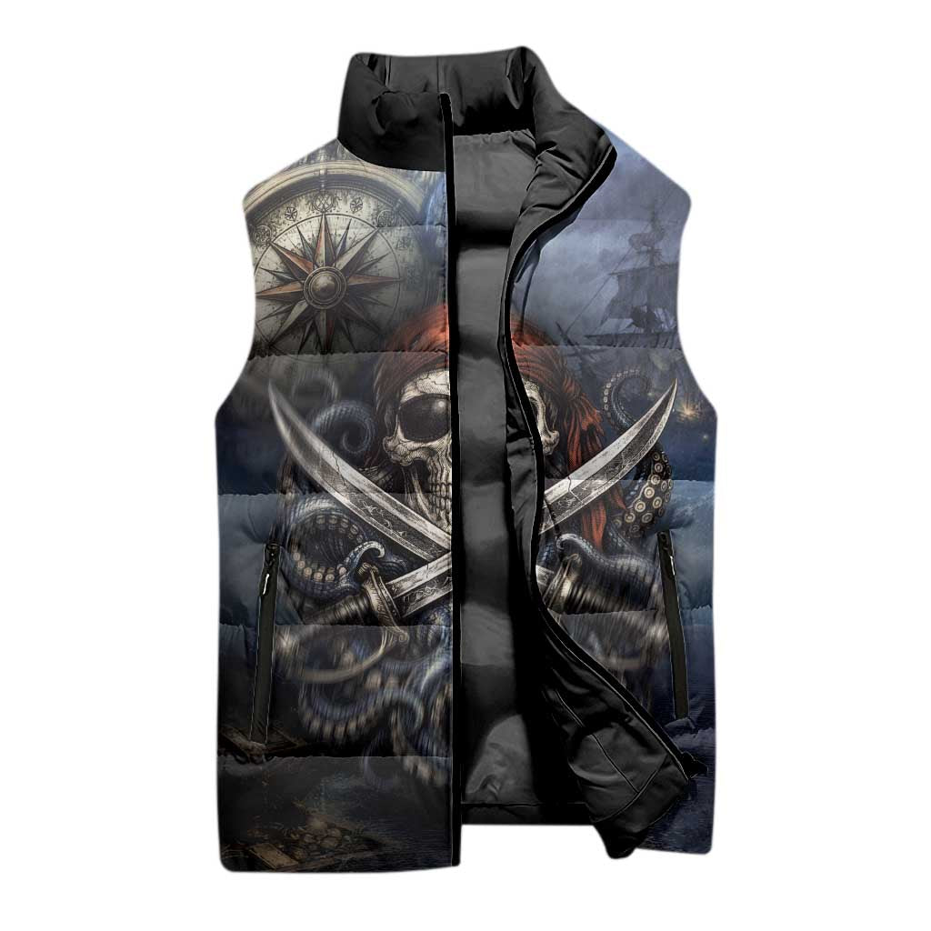 Pirates Skull Sleeveless Puffer Jacket Kraken Sea Monster Tentacles Deep Legend