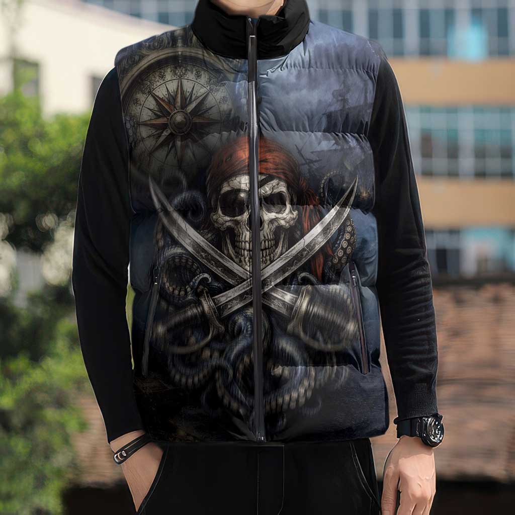 Pirates Skull Sleeveless Puffer Jacket Kraken Sea Monster Tentacles Deep Legend
