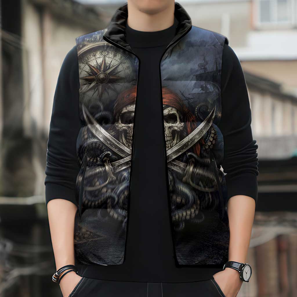 Pirates Skull Sleeveless Puffer Jacket Kraken Sea Monster Tentacles Deep Legend