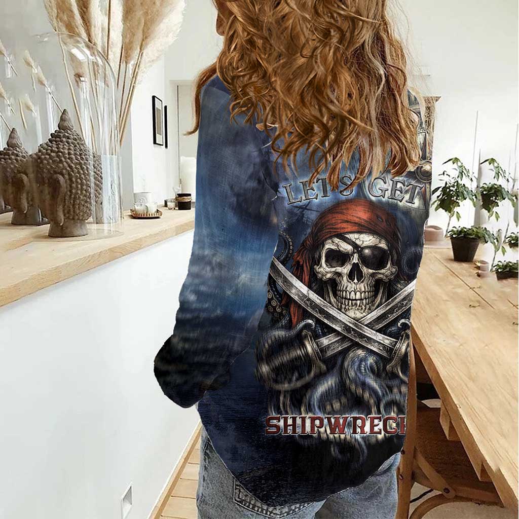 Pirates Skull Women Casual Shirt Kraken Sea Monster Tentacles Deep Legend