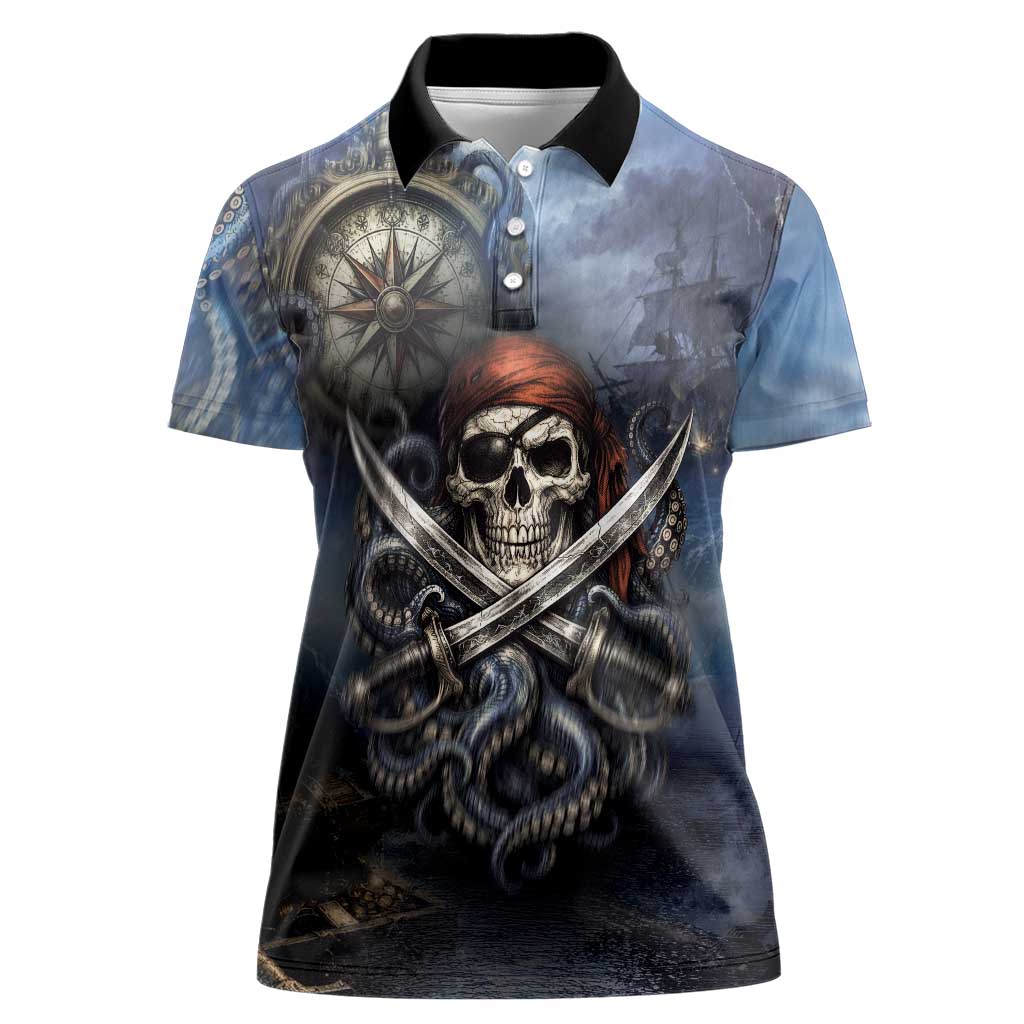 Pirates Skull Women Polo Shirt Kraken Sea Monster Tentacles Deep Legend