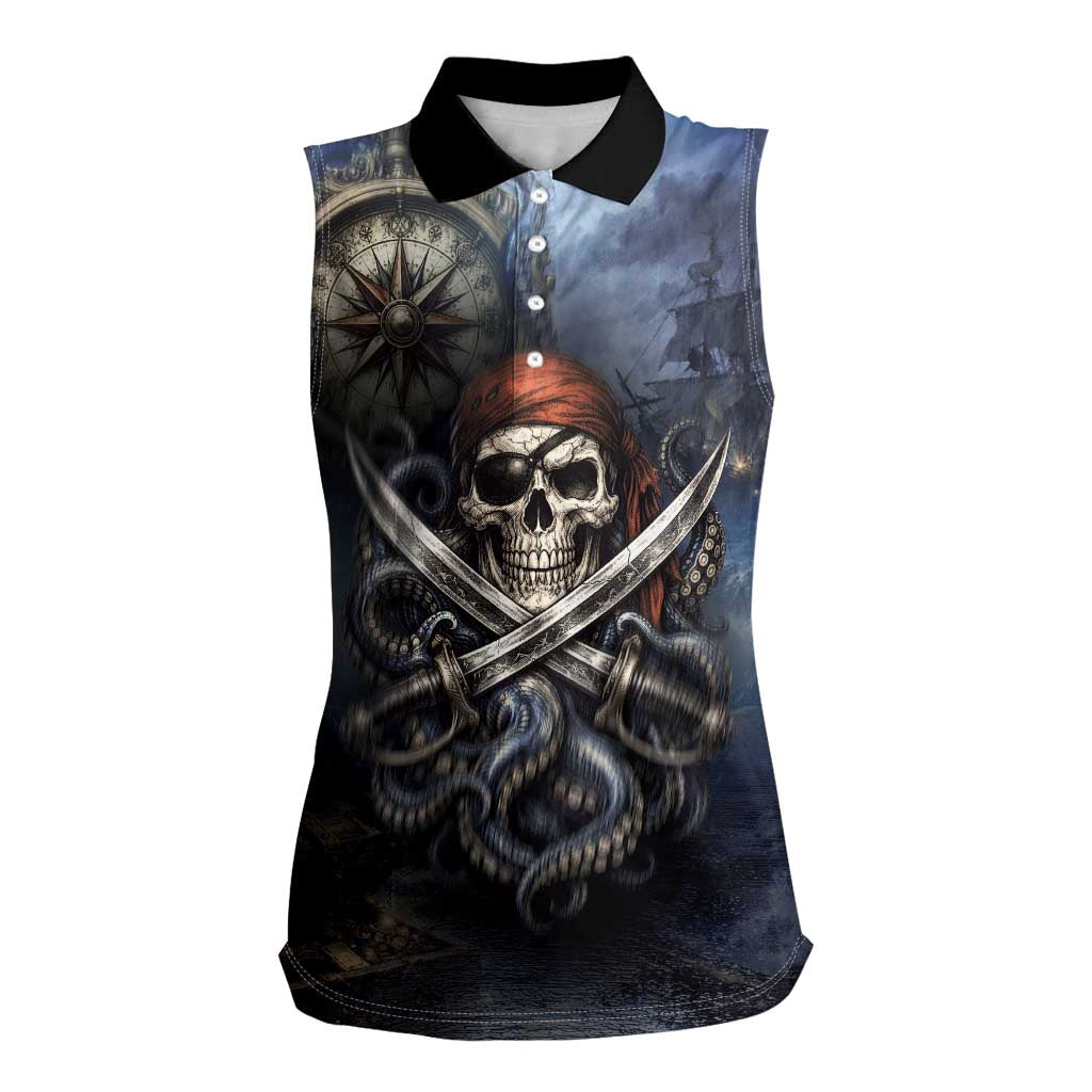 Pirates Skull Women Sleeveless Polo Shirt Kraken Sea Monster Tentacles Deep Legend