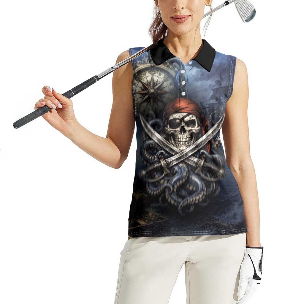 Pirates Skull Women Sleeveless Polo Shirt Kraken Sea Monster Tentacles Deep Legend