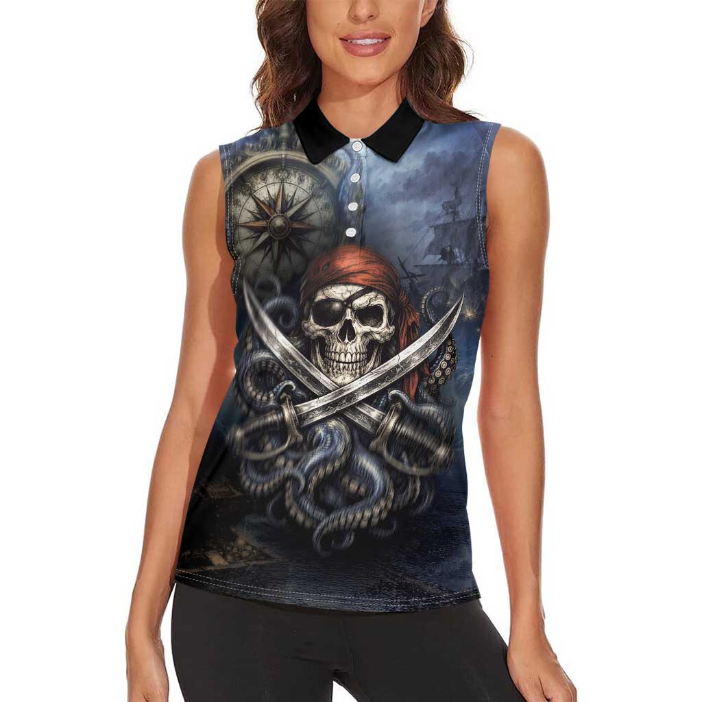 Pirates Skull Women Sleeveless Polo Shirt Kraken Sea Monster Tentacles Deep Legend