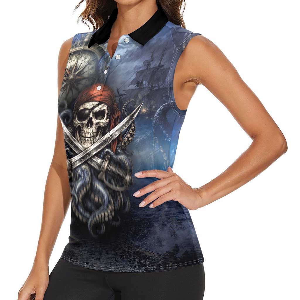 Pirates Skull Women Sleeveless Polo Shirt Kraken Sea Monster Tentacles Deep Legend