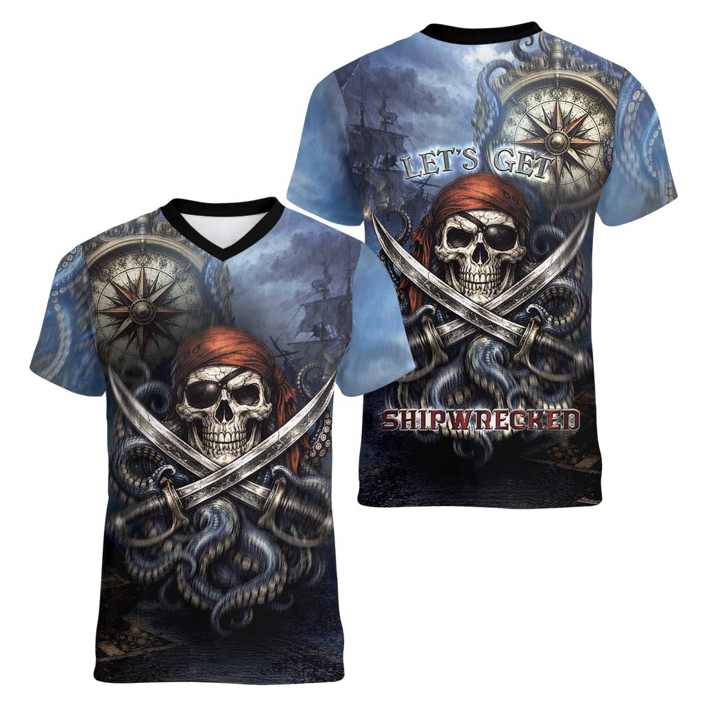 Pirates Skull Women V-Neck T-Shirt Kraken Sea Monster Tentacles Deep Legend