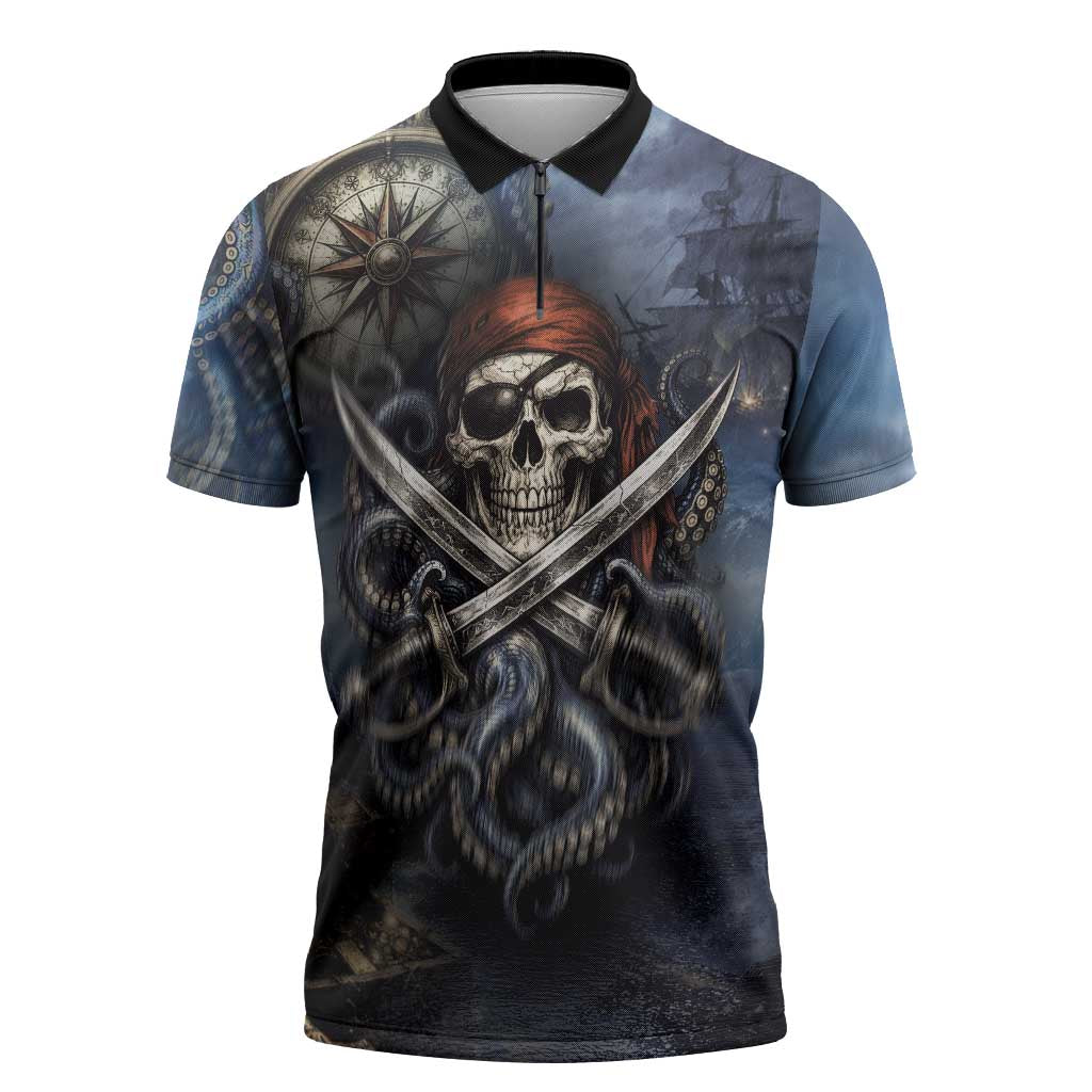 Pirates Skull Zipper Polo Shirt Kraken Sea Monster Tentacles Deep Legend