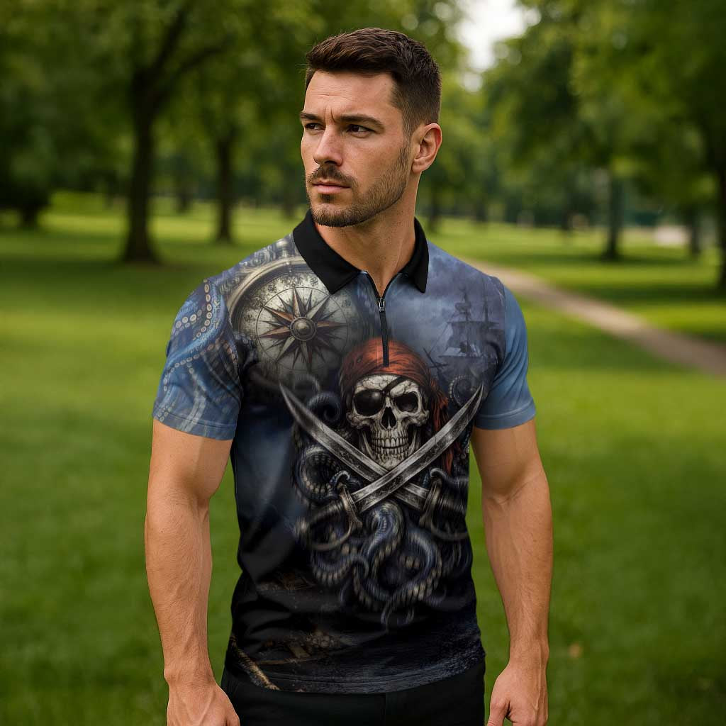 Pirates Skull Zipper Polo Shirt Kraken Sea Monster Tentacles Deep Legend