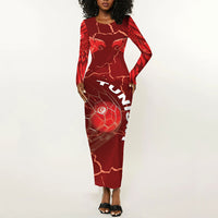 Custom Tunisia Football Long Sleeve Bodycon Dress Eagle Cracked Texture Athletic