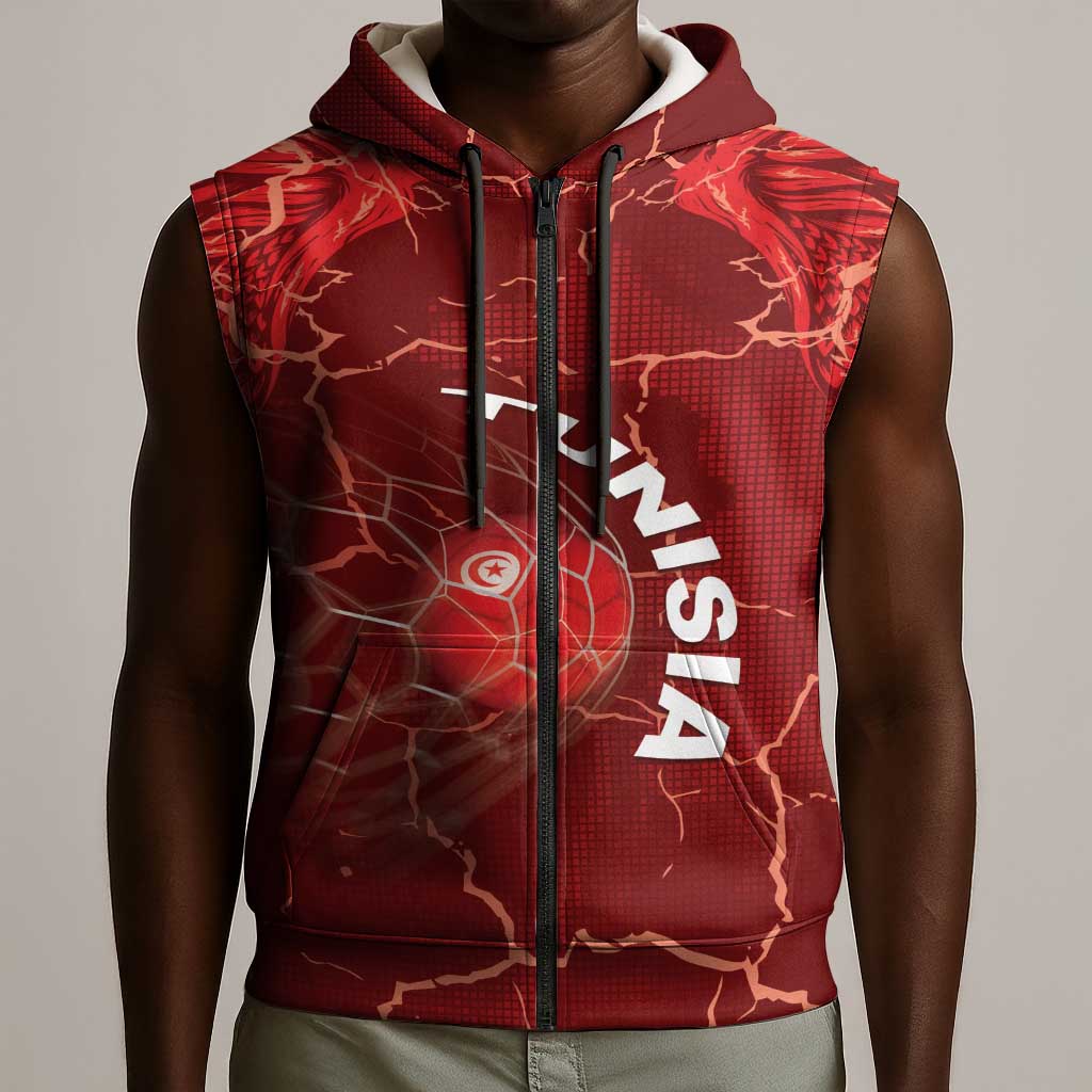 Custom Tunisia Football Sleeveless Zip Hoodie Eagle Cracked Texture Athletic