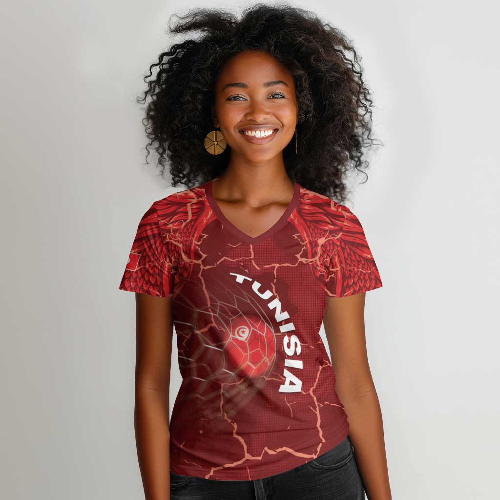 Custom Tunisia Football Women V-Neck T-Shirt Eagle Cracked Texture Athletic