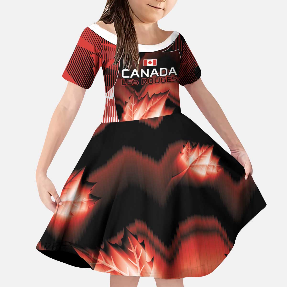 Custom Canada Football Kid Short Sleeve Dress Visual Line Abstract Maple Leaf