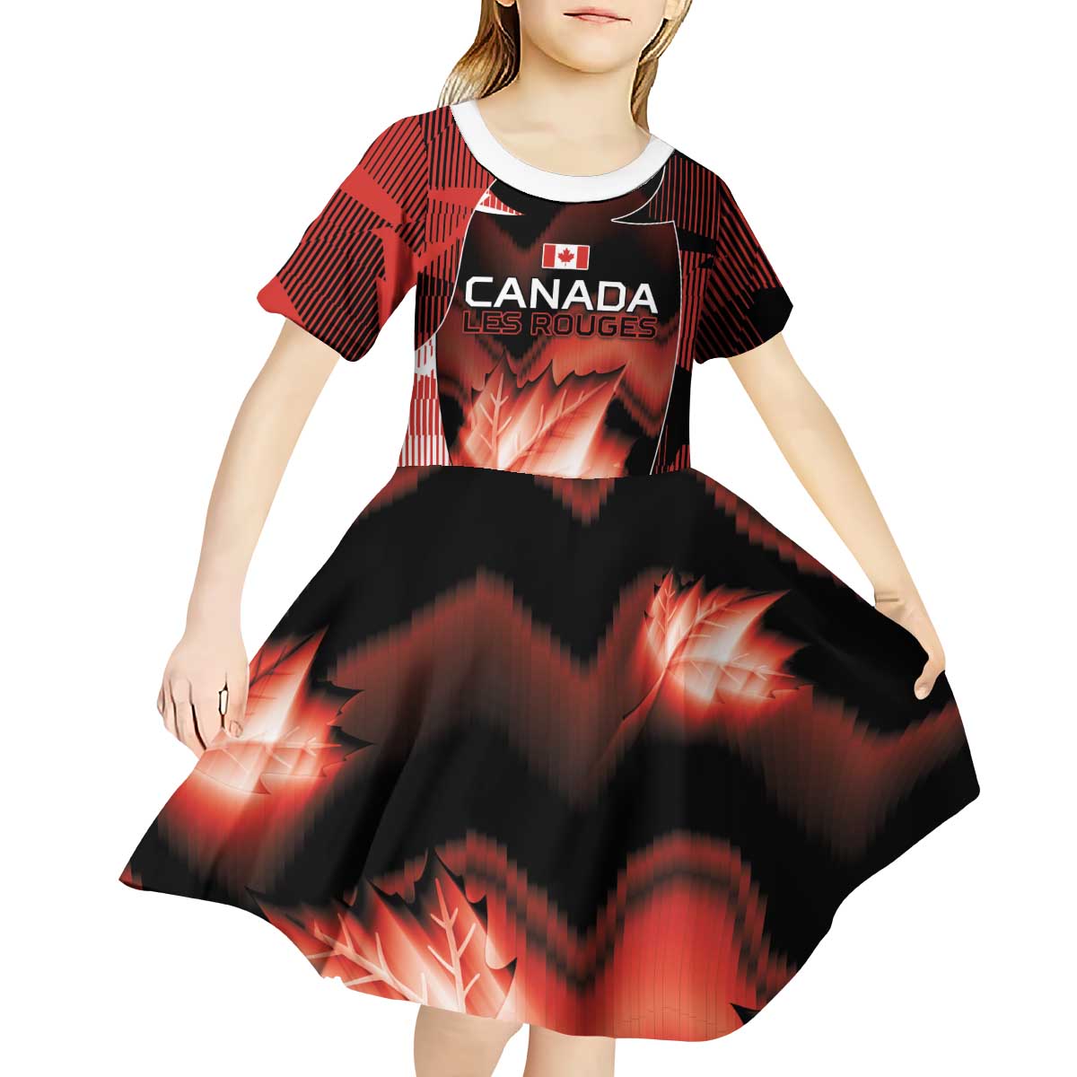 Custom Canada Football Kid Short Sleeve Dress Visual Line Abstract Maple Leaf