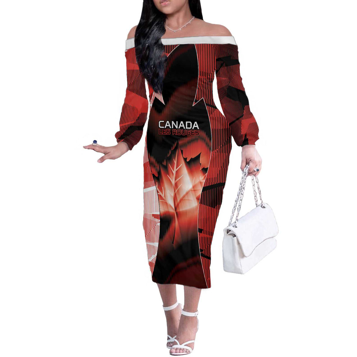Custom Canada Football Off The Shoulder Long Sleeve Dress Visual Line Abstract Maple Leaf