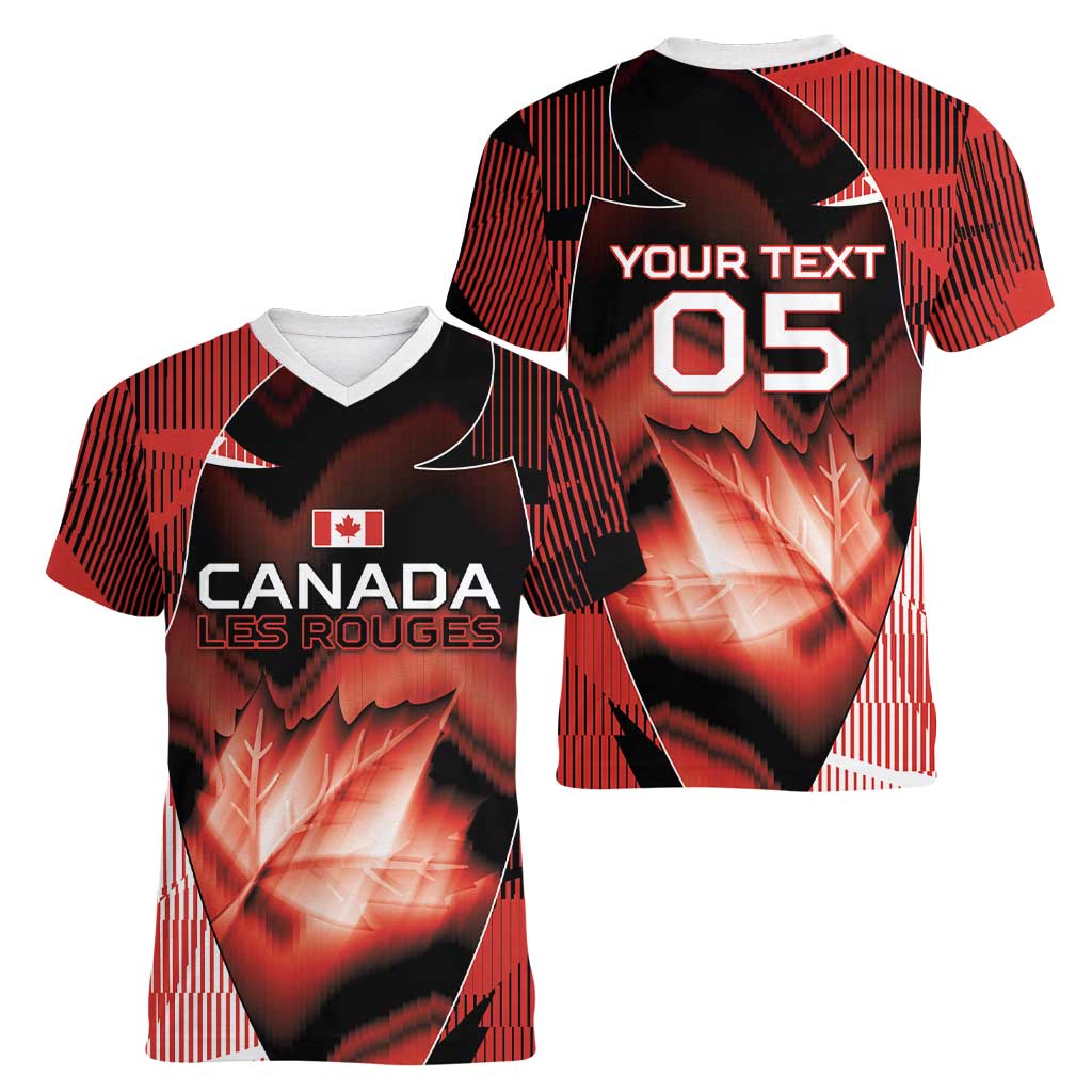 Custom Canada Football Women V-Neck T-Shirt Visual Line Abstract Maple Leaf