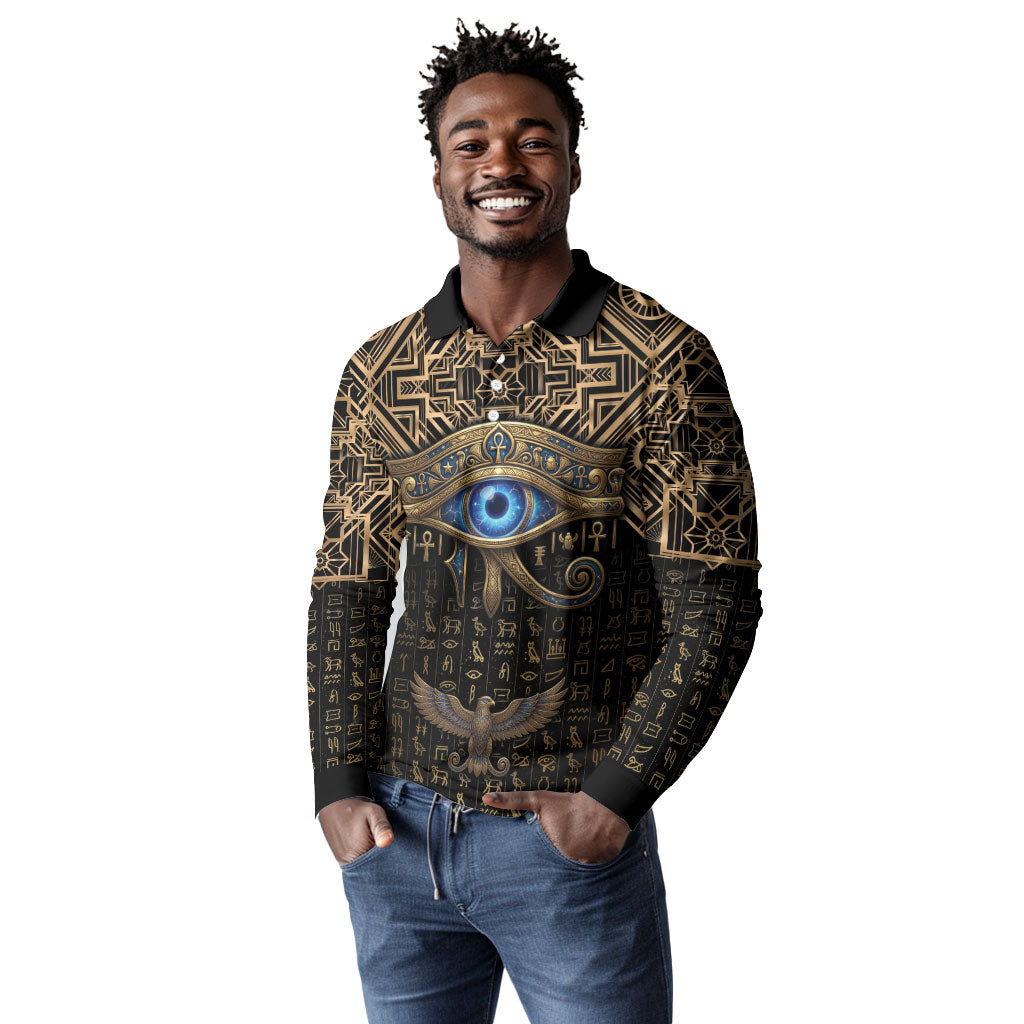 Egypt Eye of Horus Long Sleeve Polo Shirt Hieroglyphics Patterns Retro Style