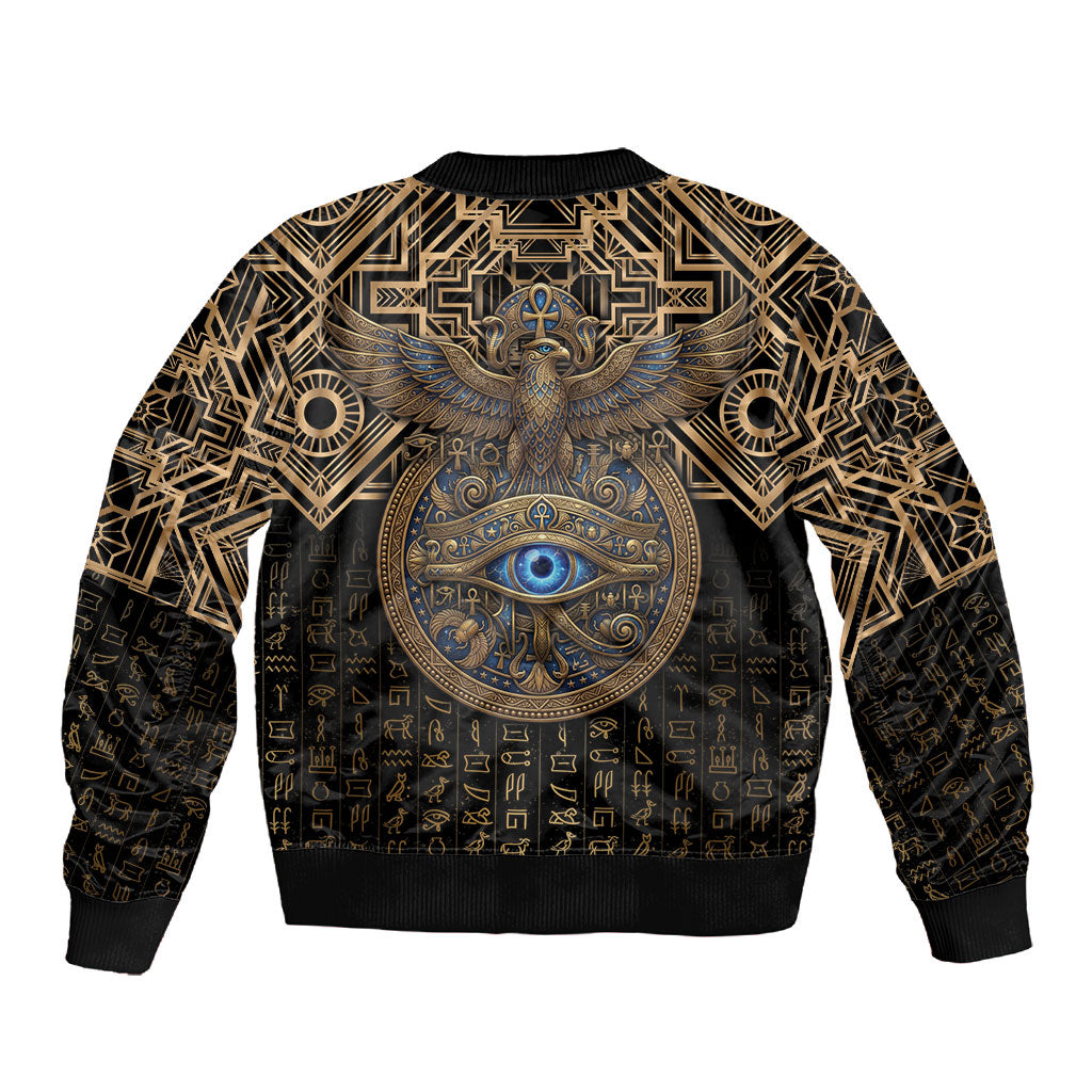 Egypt Eye of Horus Sleeve Zip Bomber Jacket Hieroglyphics Patterns Retro Style