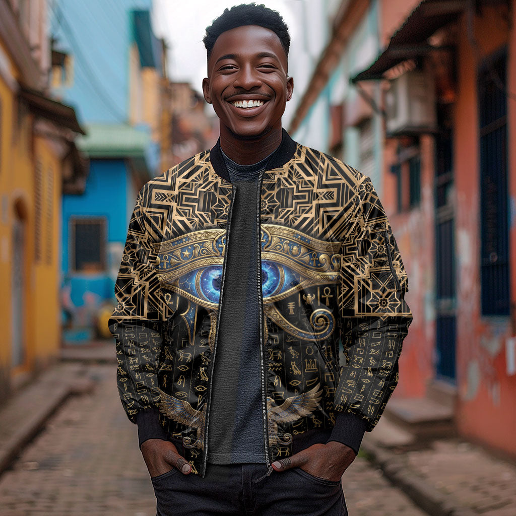 Egypt Eye of Horus Sleeve Zip Bomber Jacket Hieroglyphics Patterns Retro Style