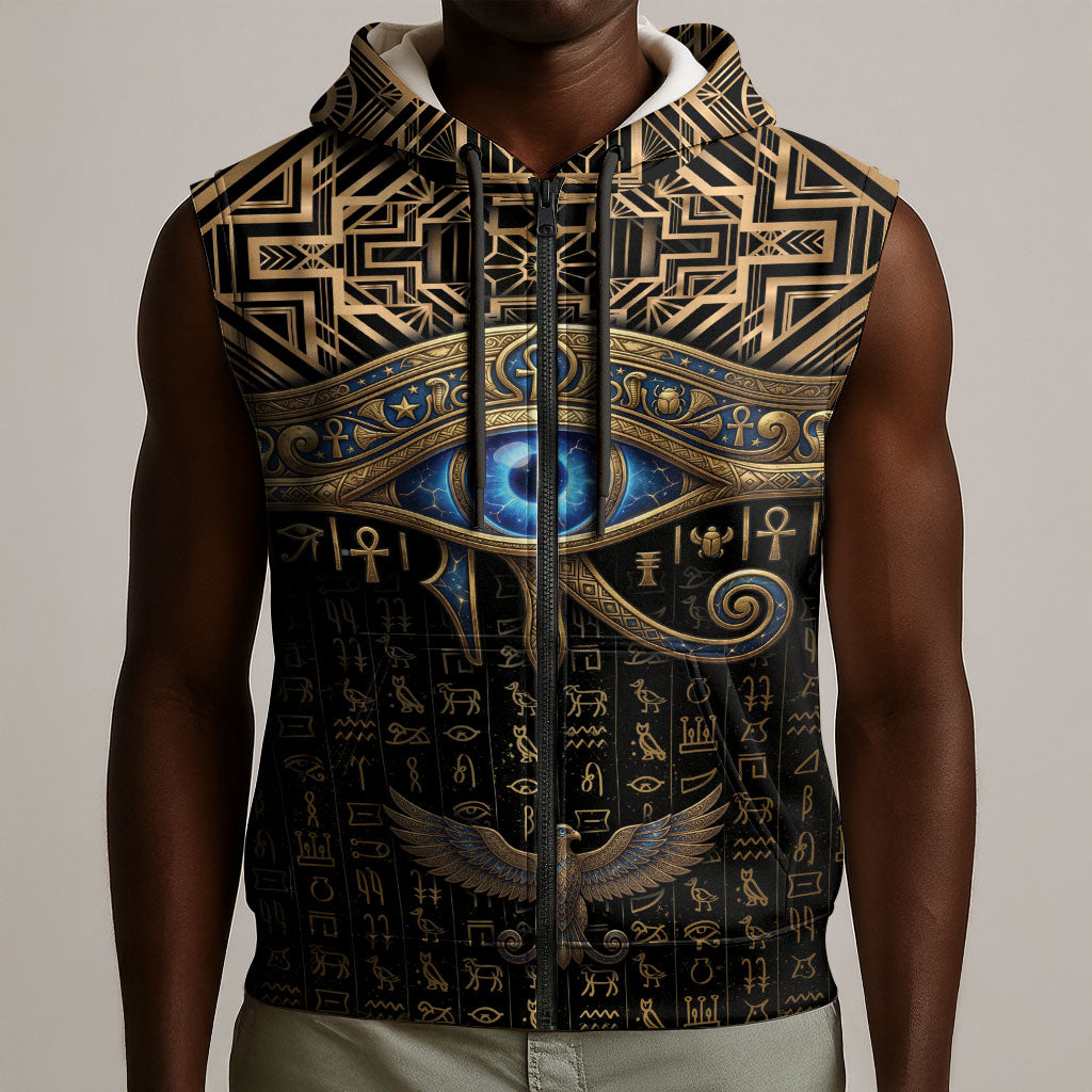 Egypt Eye of Horus Sleeveless Zip Hoodie Hieroglyphics Patterns Retro Style