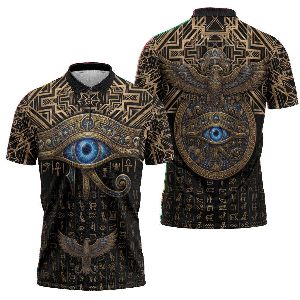 Egypt Eye of Horus Zipper Polo Shirt Hieroglyphics Patterns Retro Style