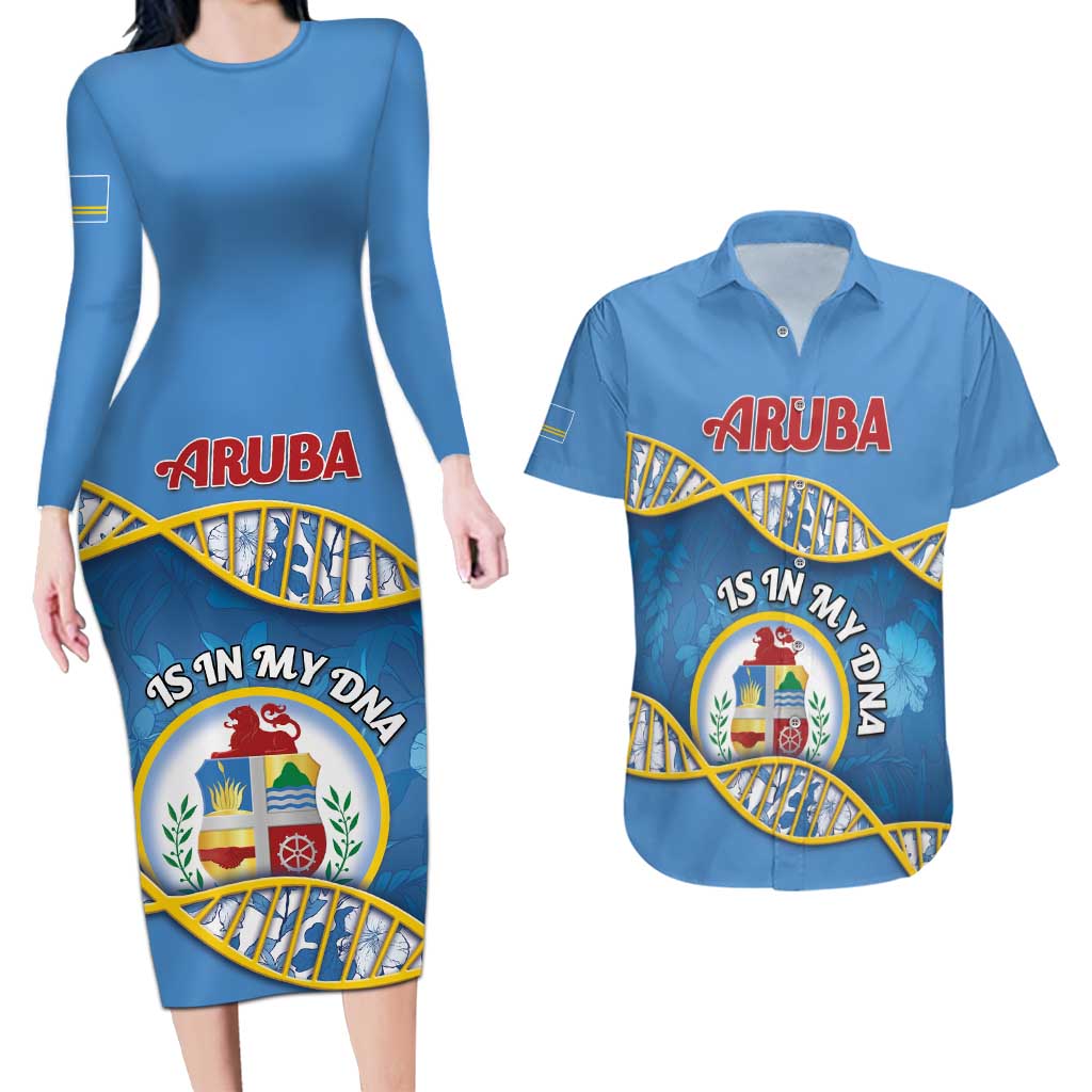 Personalized Aruba Is In My DNA Couples Matching Long Sleeve Bodycon Dress and Hawaiian Shirt - Wonder Print Shop