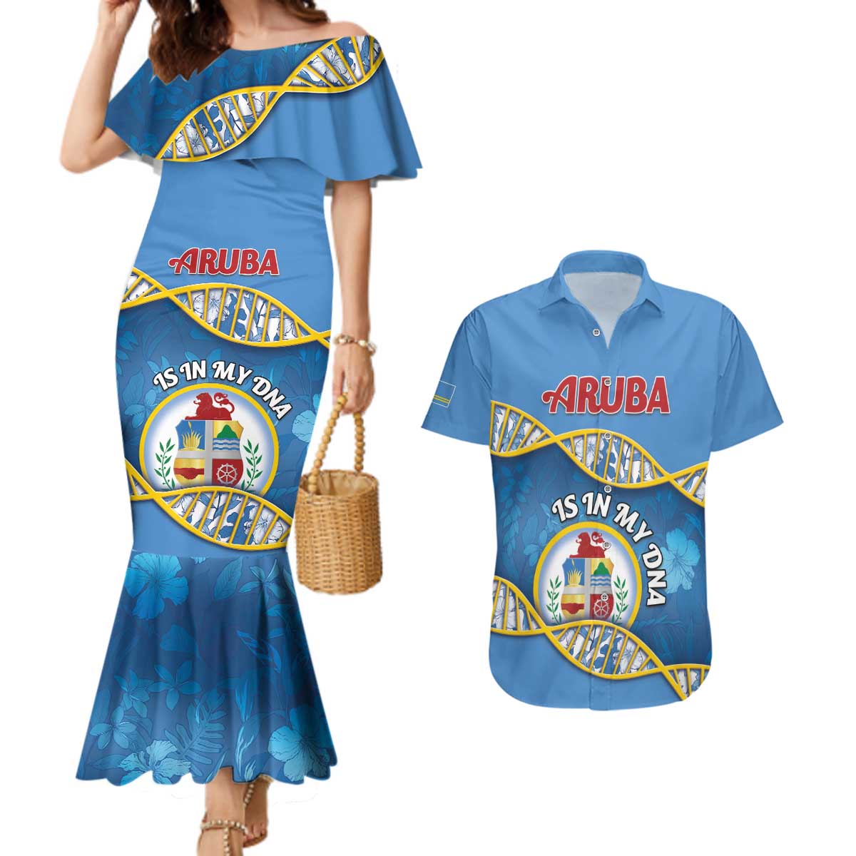 Personalized Aruba Is In My DNA Couples Matching Mermaid Dress and Hawaiian Shirt - Wonder Print Shop