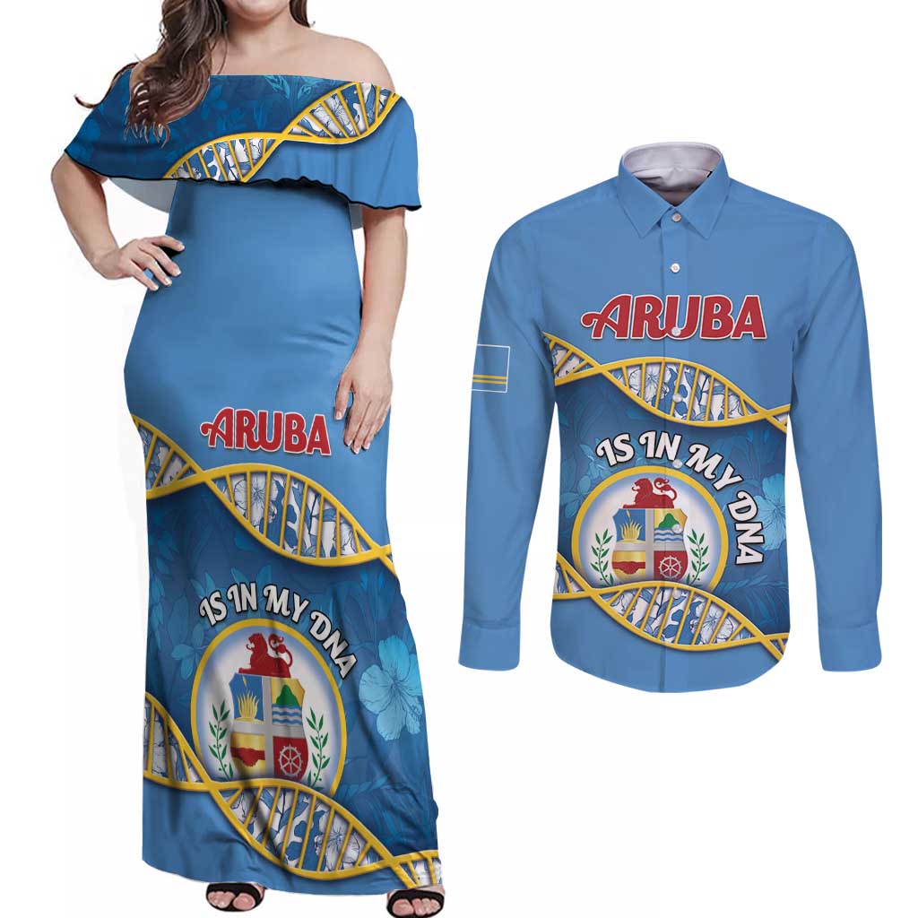 Personalized Aruba Is In My DNA Couples Matching Off Shoulder Maxi Dress and Long Sleeve Button Shirt - Wonder Print Shop