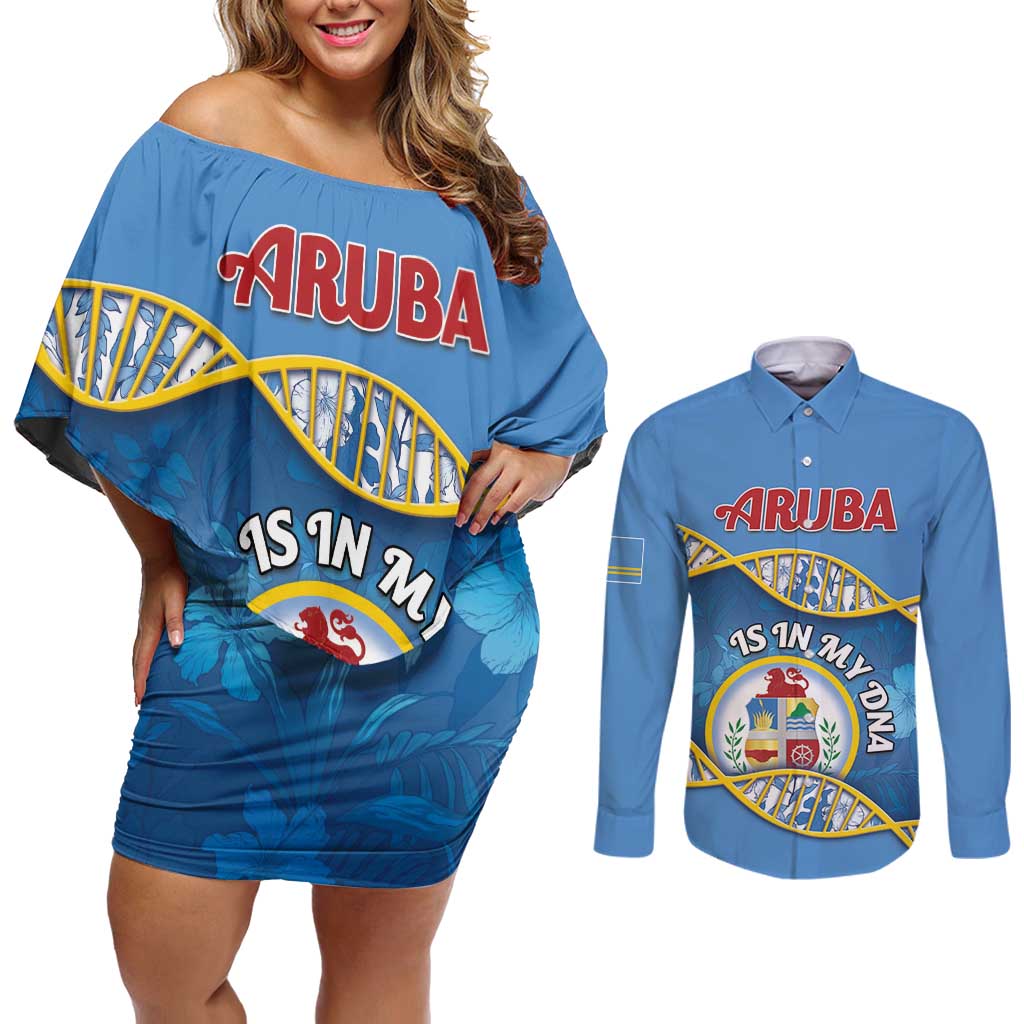 Personalized Aruba Is In My DNA Couples Matching Off Shoulder Short Dress and Long Sleeve Button Shirt - Wonder Print Shop