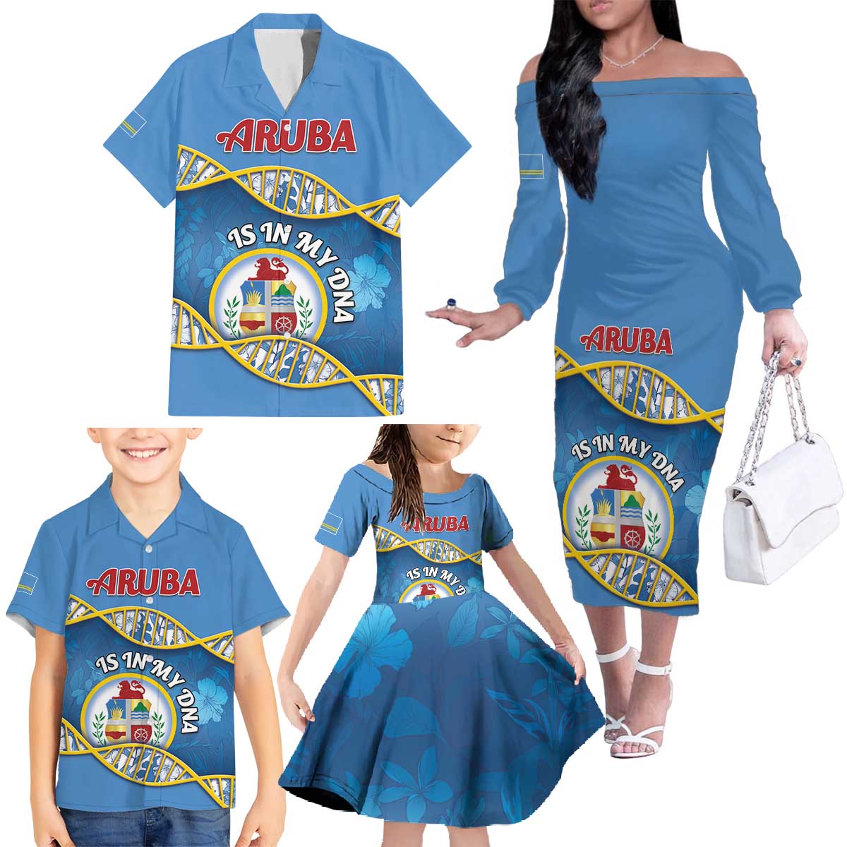 Personalized Aruba Is In My DNA Family Matching Off The Shoulder Long Sleeve Dress and Hawaiian Shirt - Wonder Print Shop
