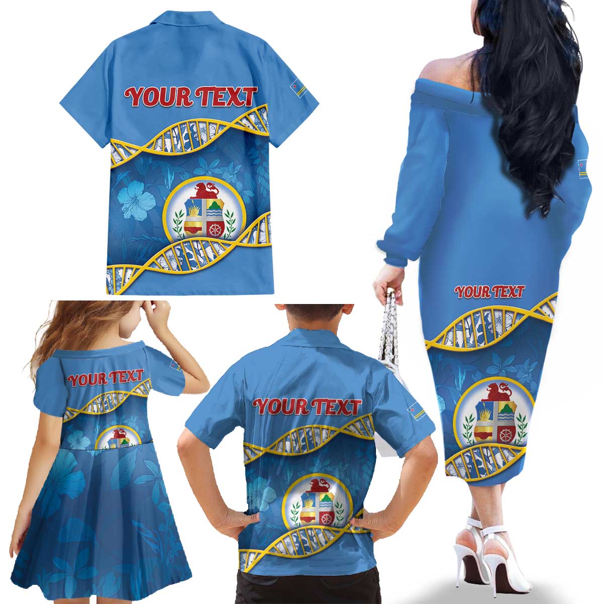 Personalized Aruba Is In My DNA Family Matching Off The Shoulder Long Sleeve Dress and Hawaiian Shirt - Wonder Print Shop