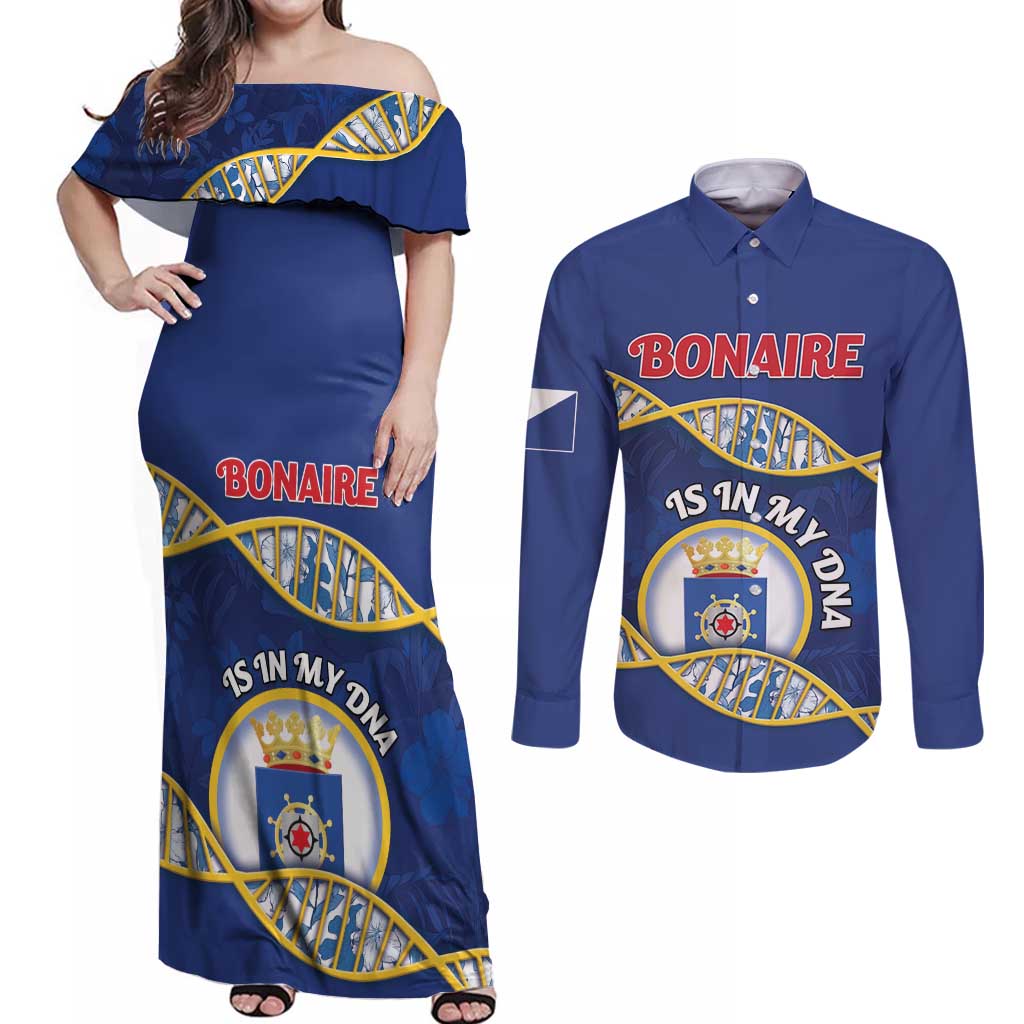 Personalized Bonaire Is In My DNA Couples Matching Off Shoulder Maxi Dress and Long Sleeve Button Shirt - Wonder Print Shop