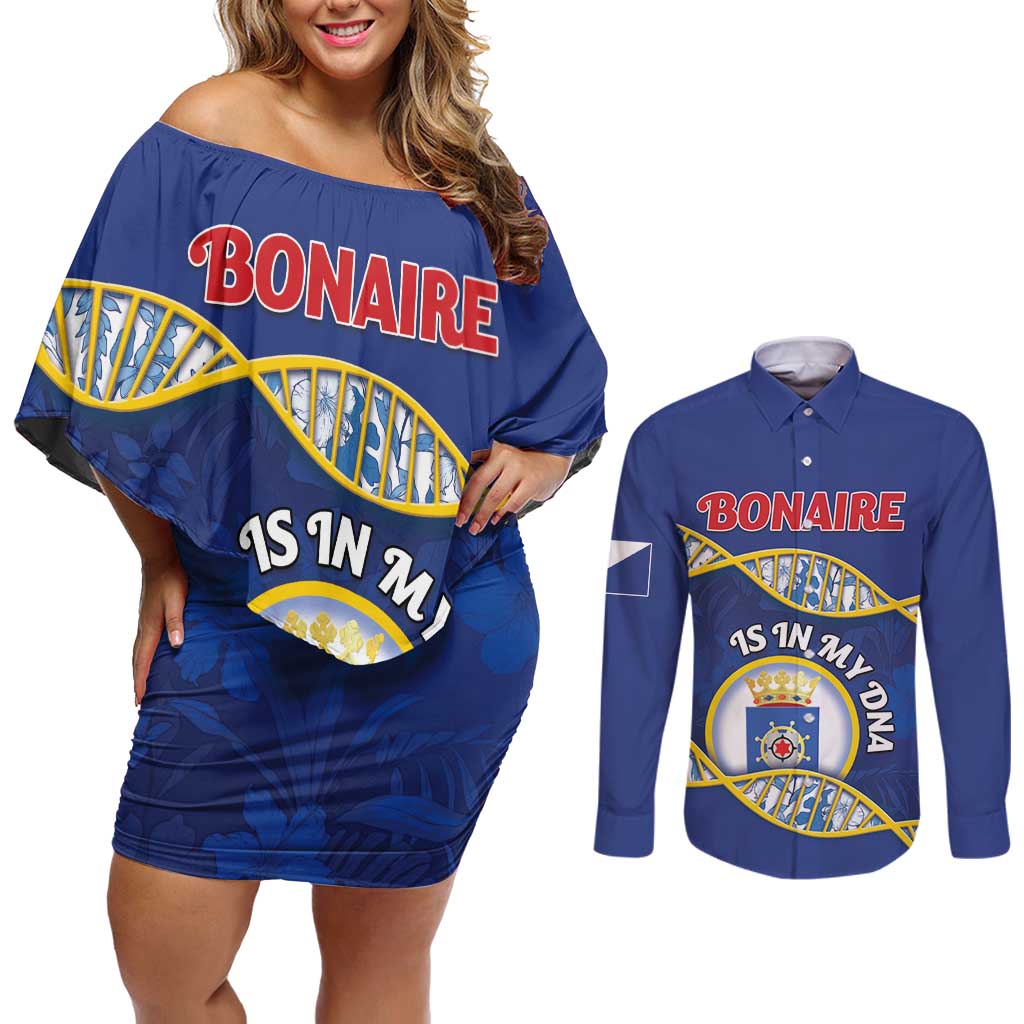 Personalized Bonaire Is In My DNA Couples Matching Off Shoulder Short Dress and Long Sleeve Button Shirt - Wonder Print Shop