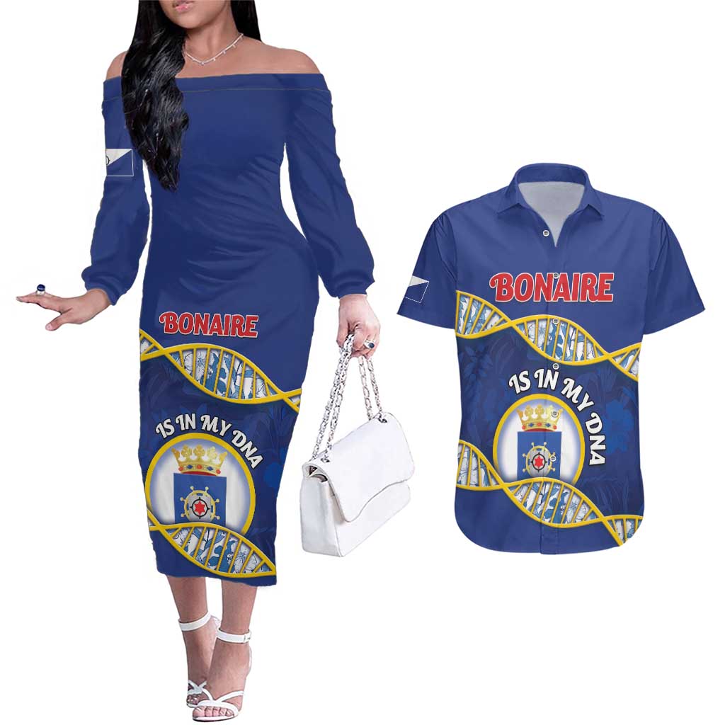 Personalized Bonaire Is In My DNA Couples Matching Off The Shoulder Long Sleeve Dress and Hawaiian Shirt - Wonder Print Shop