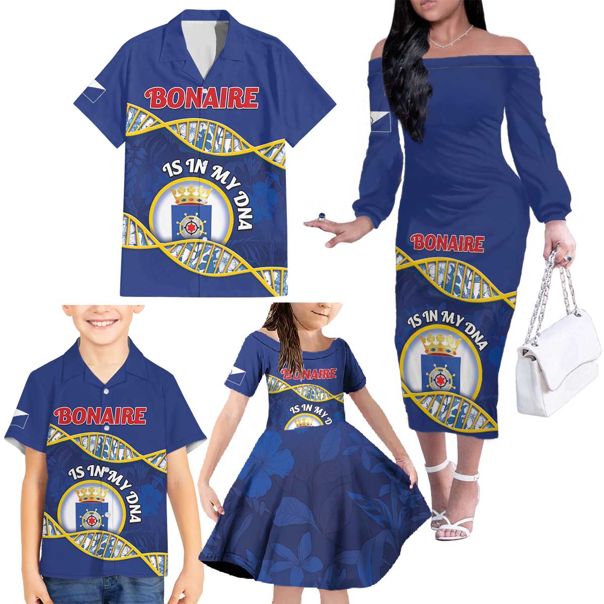 Personalized Bonaire Is In My DNA Family Matching Off The Shoulder Long Sleeve Dress and Hawaiian Shirt - Wonder Print Shop