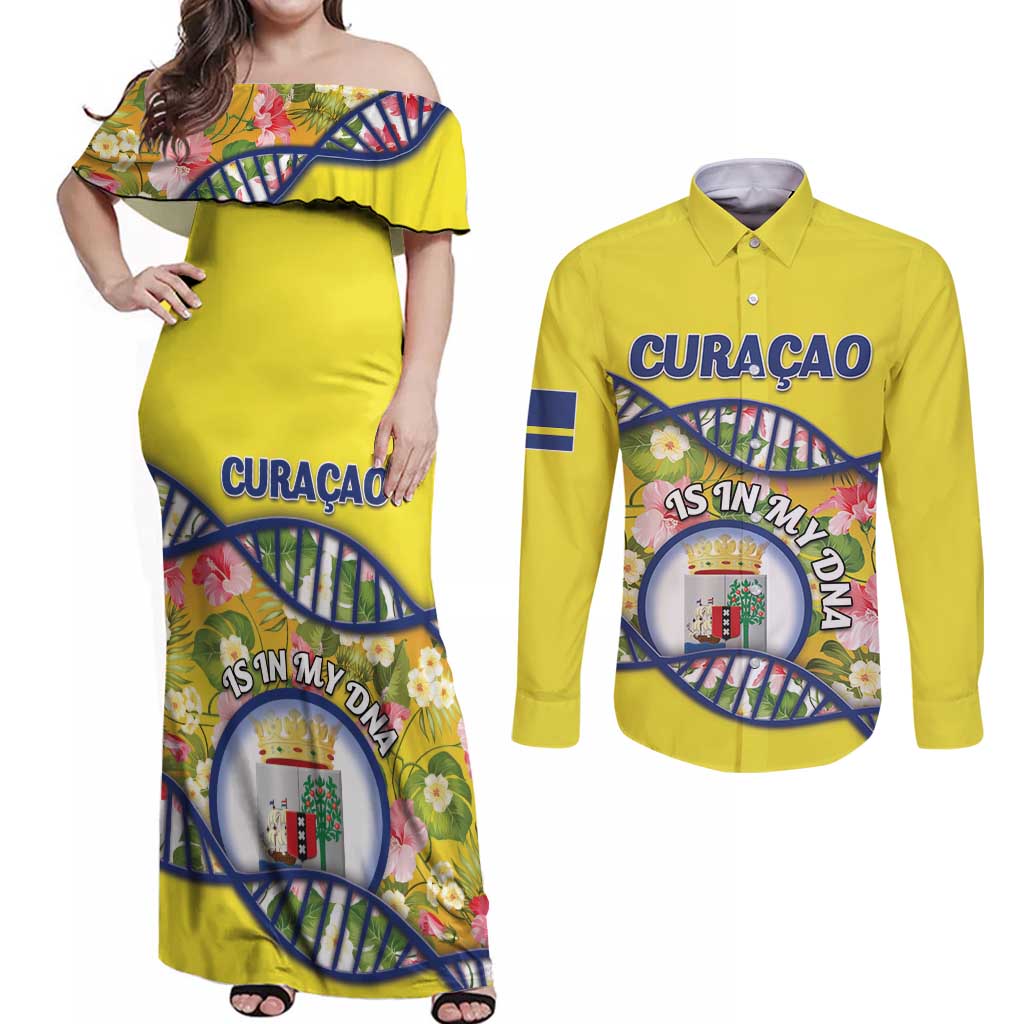Personalized Curacao Is In My DNA Couples Matching Off Shoulder Maxi Dress and Long Sleeve Button Shirt - Wonder Print Shop