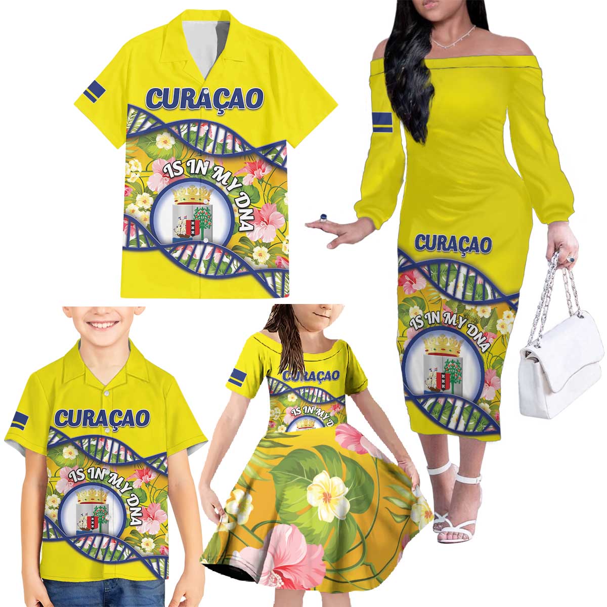 Personalized Curacao Is In My DNA Family Matching Off The Shoulder Long Sleeve Dress and Hawaiian Shirt - Wonder Print Shop