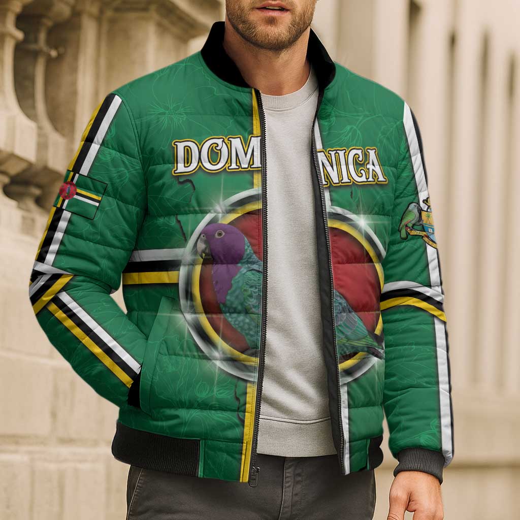 Personalized Dominica Bomber Puffer Jacket Sisserou Parrot With Hibiscus Patterns - Wonder Print Shop