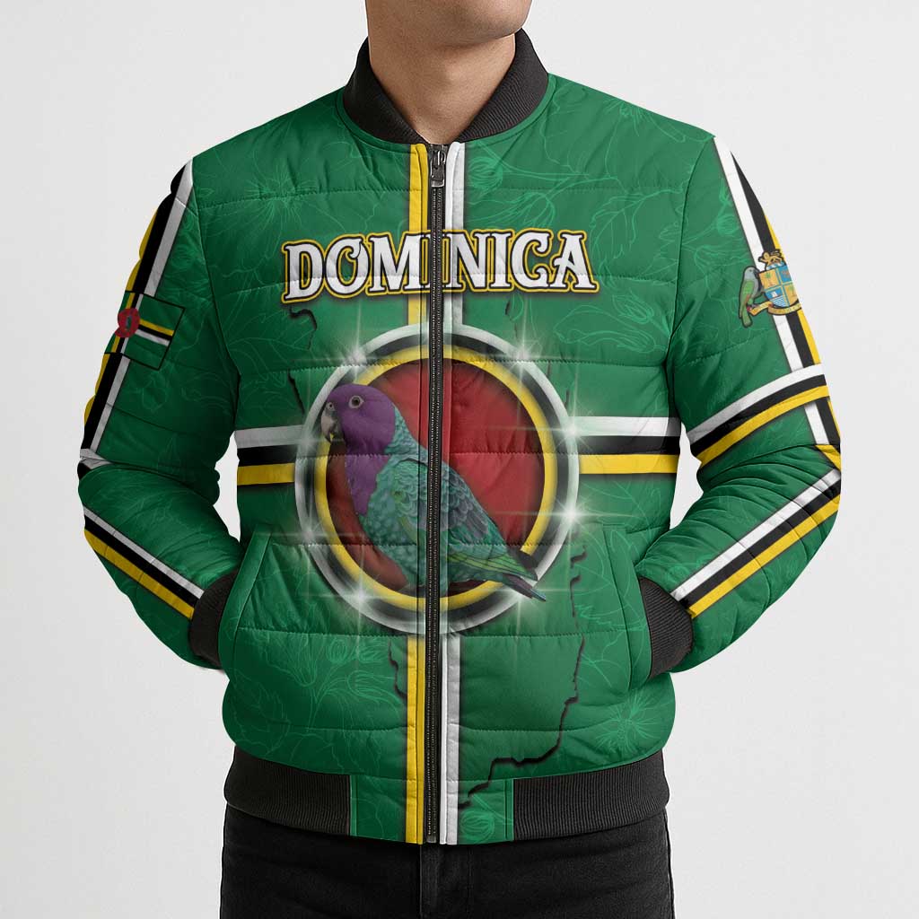 Personalized Dominica Bomber Puffer Jacket Sisserou Parrot With Hibiscus Patterns - Wonder Print Shop
