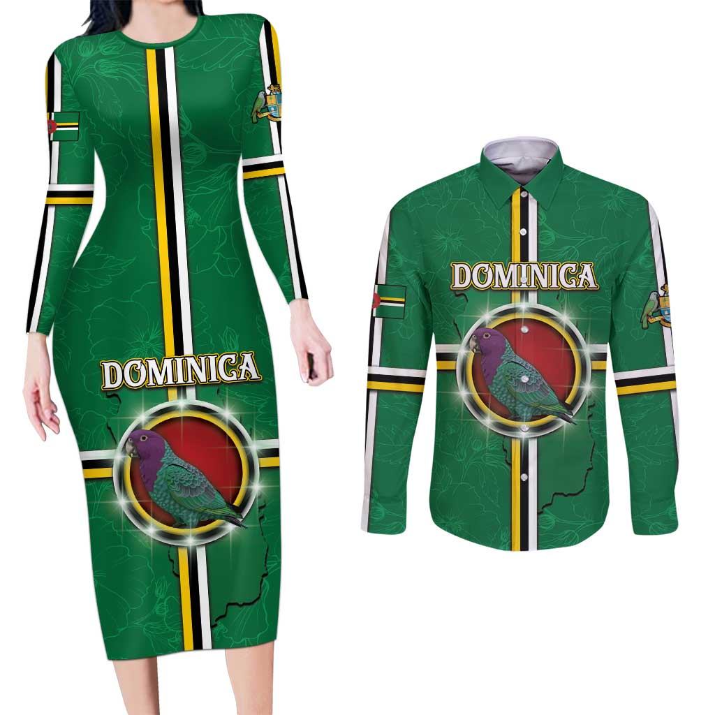 Personalized Dominica Couples Matching Long Sleeve Bodycon Dress and Long Sleeve Button Shirt Sisserou Parrot With Hibiscus Patterns - Wonder Print Shop