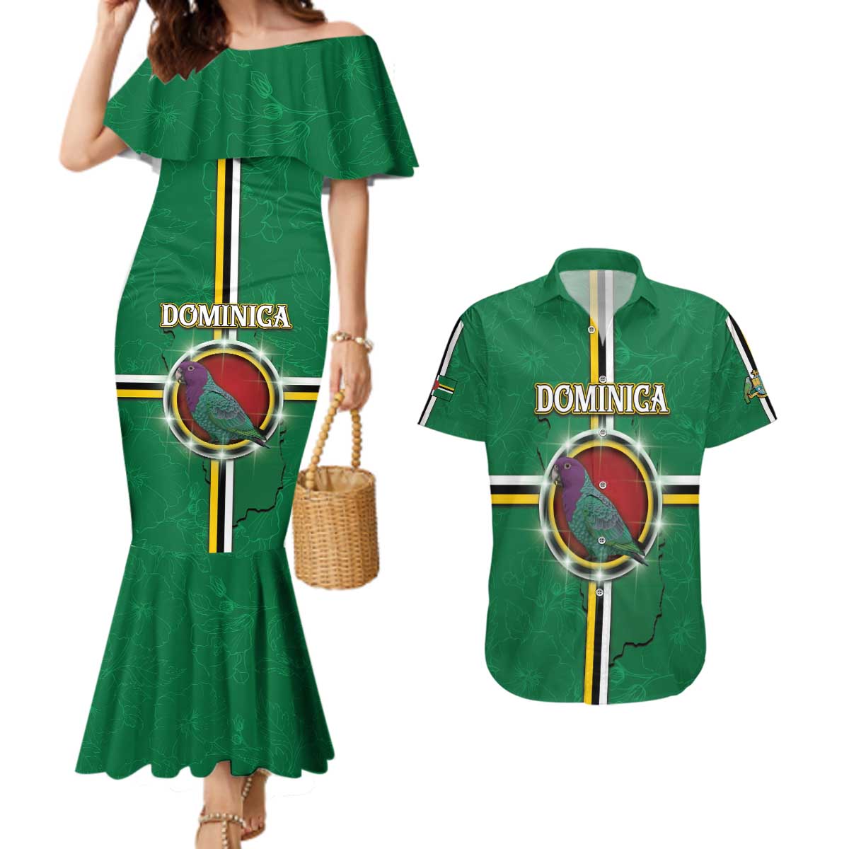 Personalized Dominica Couples Matching Mermaid Dress and Hawaiian Shirt Sisserou Parrot With Hibiscus Patterns - Wonder Print Shop