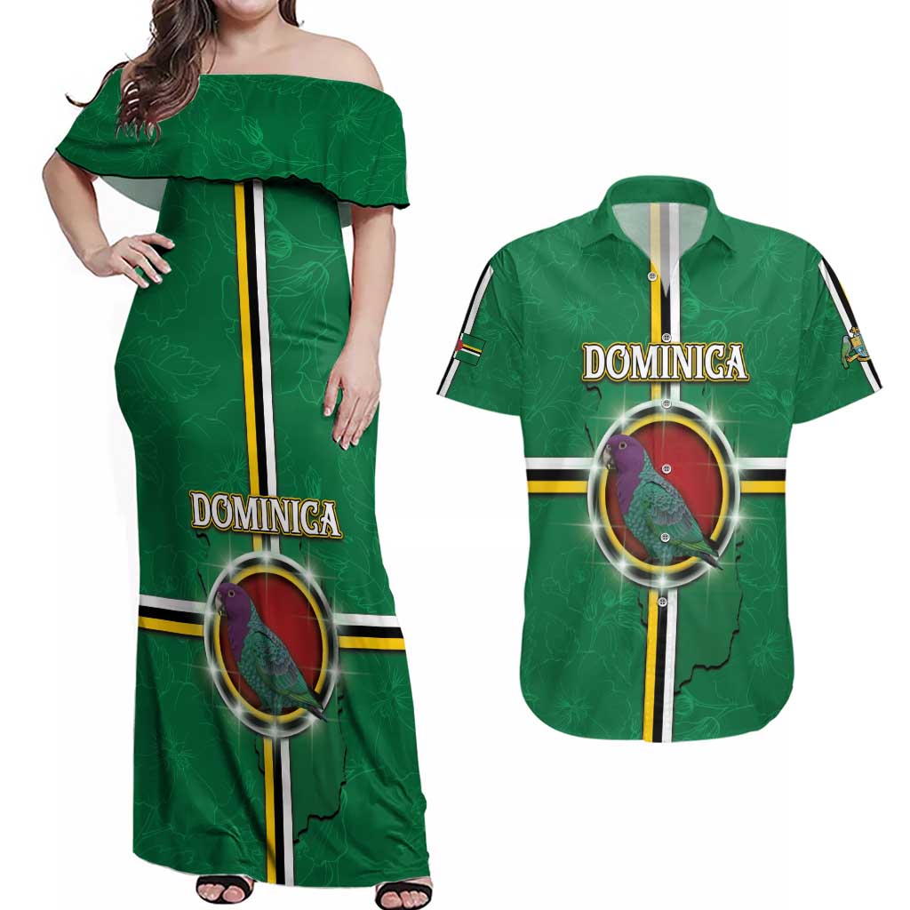 Personalized Dominica Couples Matching Off Shoulder Maxi Dress and Hawaiian Shirt Sisserou Parrot With Hibiscus Patterns - Wonder Print Shop