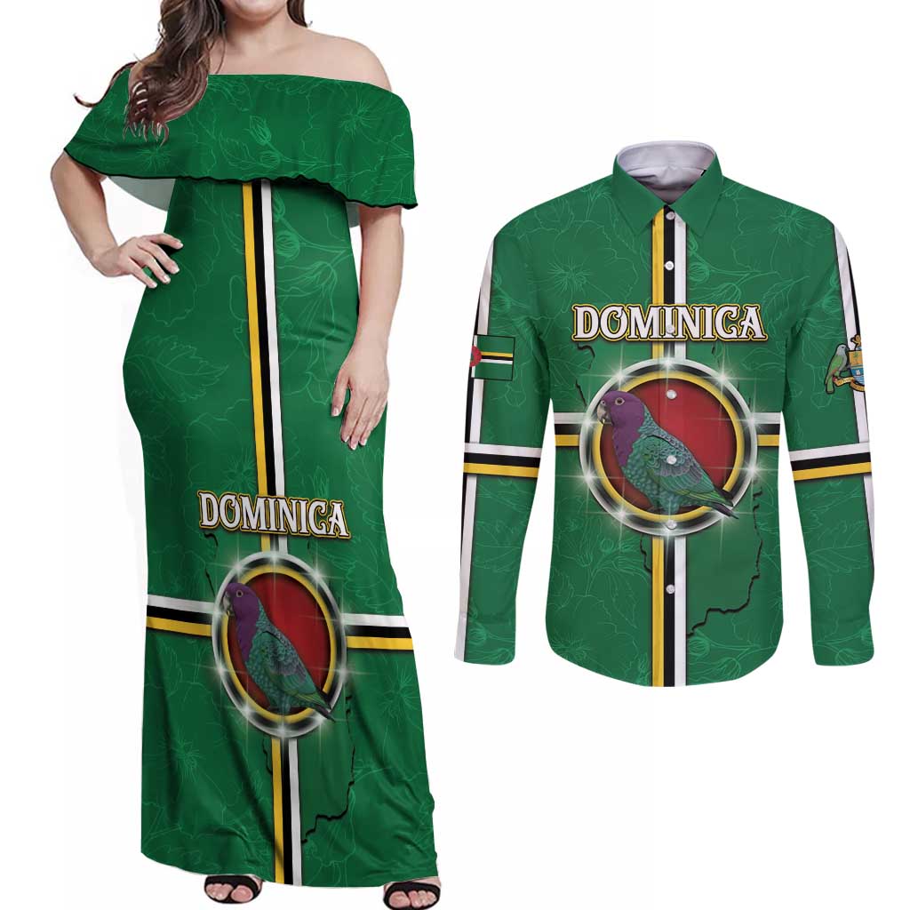 Personalized Dominica Couples Matching Off Shoulder Maxi Dress and Long Sleeve Button Shirt Sisserou Parrot With Hibiscus Patterns - Wonder Print Shop