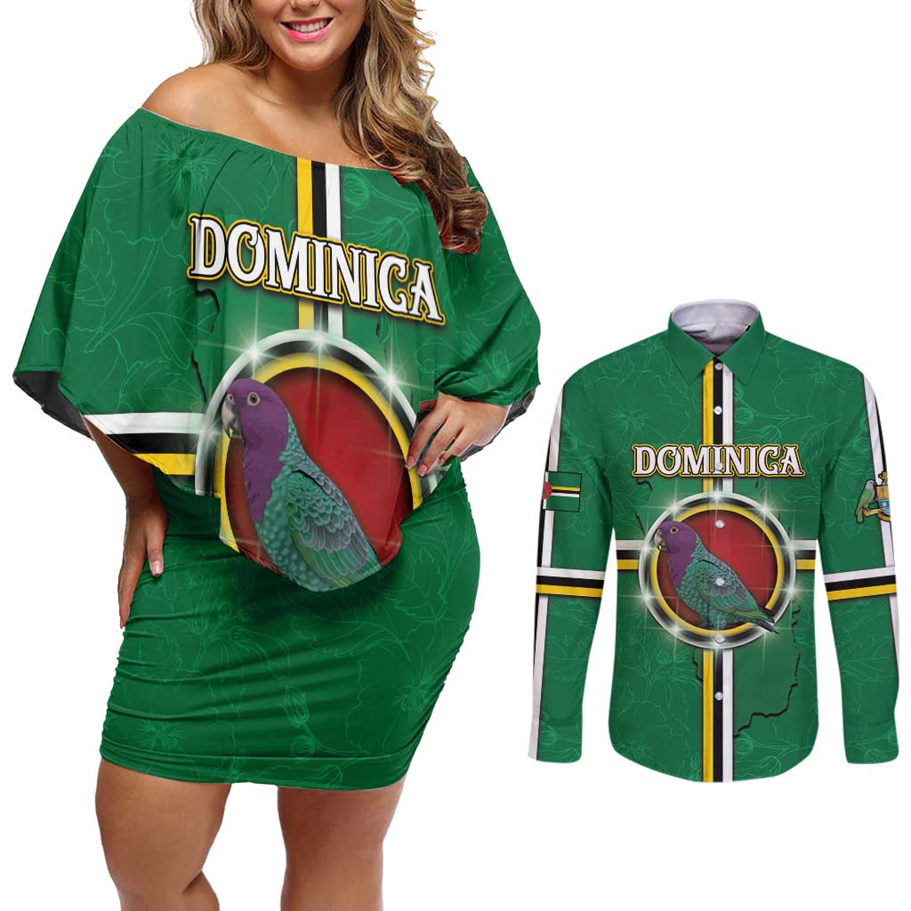 Personalized Dominica Couples Matching Off Shoulder Short Dress and Long Sleeve Button Shirt Sisserou Parrot With Hibiscus Patterns - Wonder Print Shop