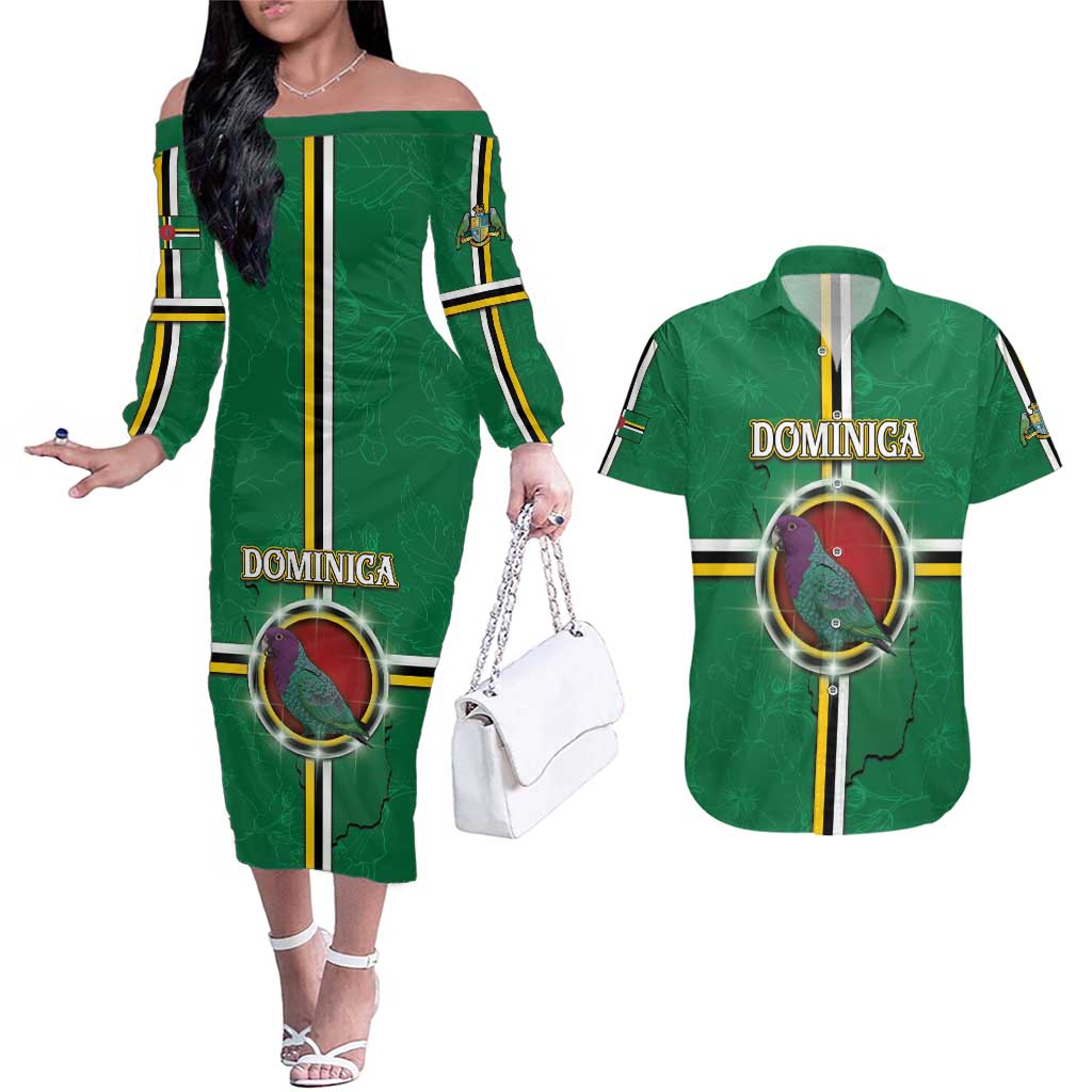 Personalized Dominica Couples Matching Off The Shoulder Long Sleeve Dress and Hawaiian Shirt Sisserou Parrot With Hibiscus Patterns - Wonder Print Shop