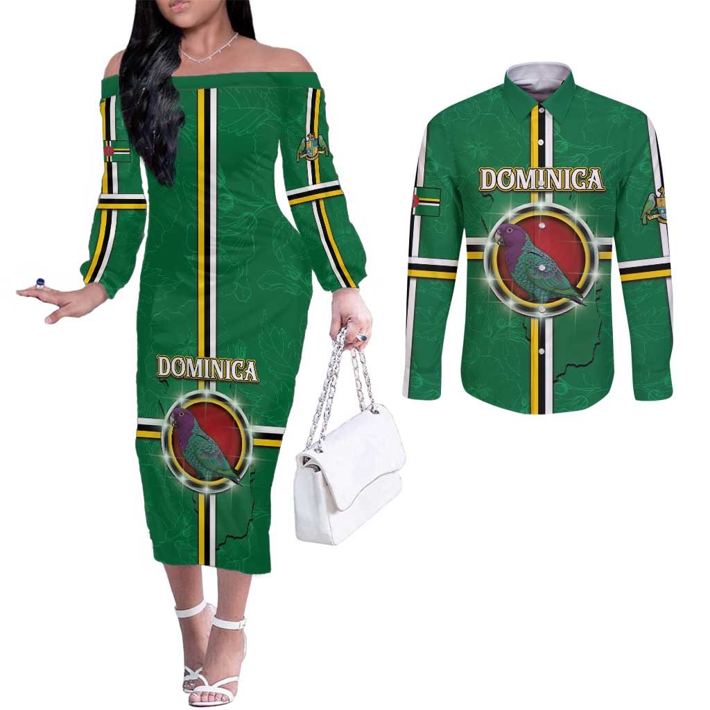 Personalized Dominica Couples Matching Off The Shoulder Long Sleeve Dress and Long Sleeve Button Shirt Sisserou Parrot With Hibiscus Patterns - Wonder Print Shop